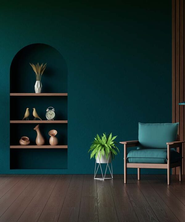 Armchair in green living room interior with copy space for mock up, 3D rendering